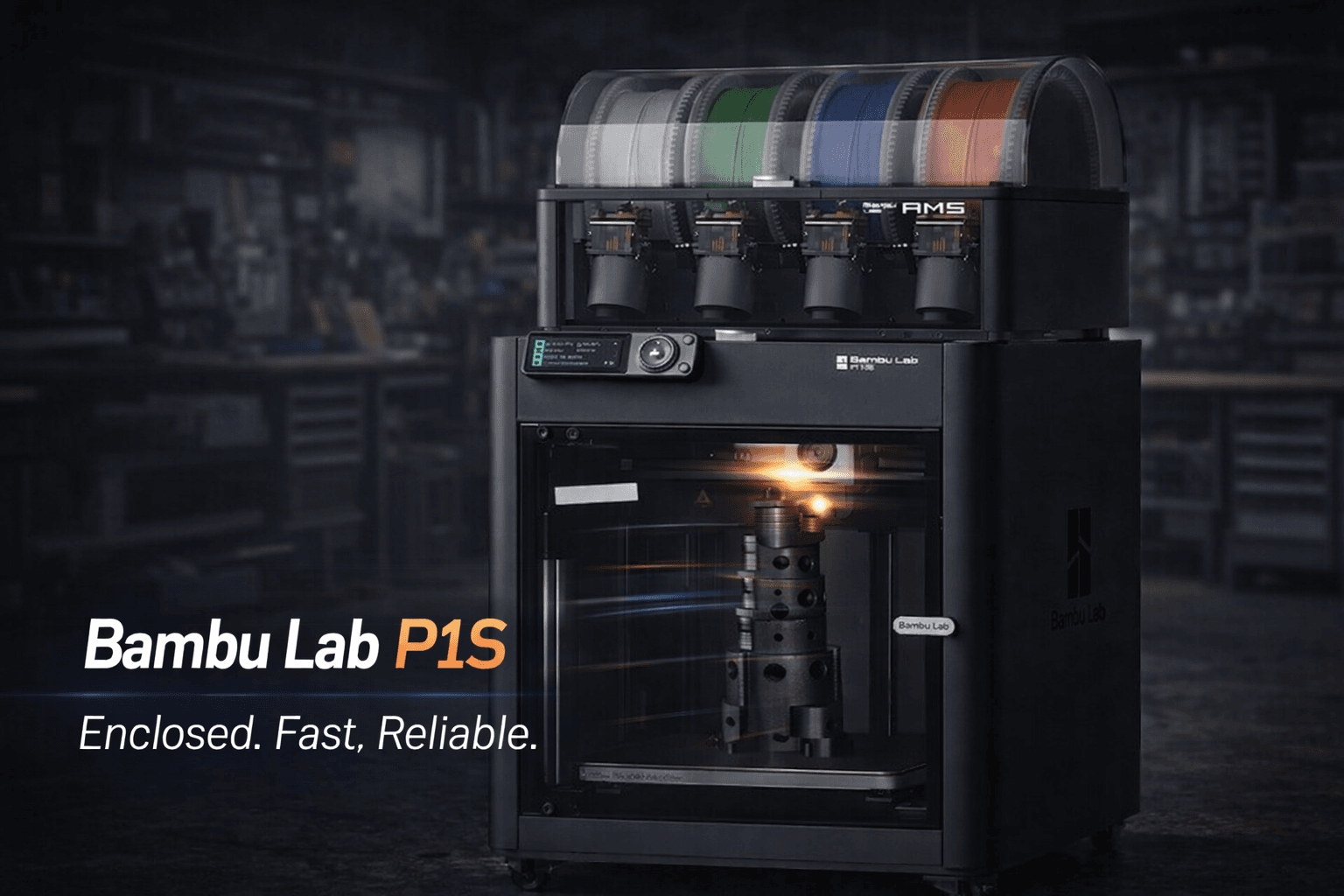 Bambu Lab P1S enclosed 3D printer with AMS system printing a tall functional part inside a closed chamber, highlighting high-speed reliable performance.