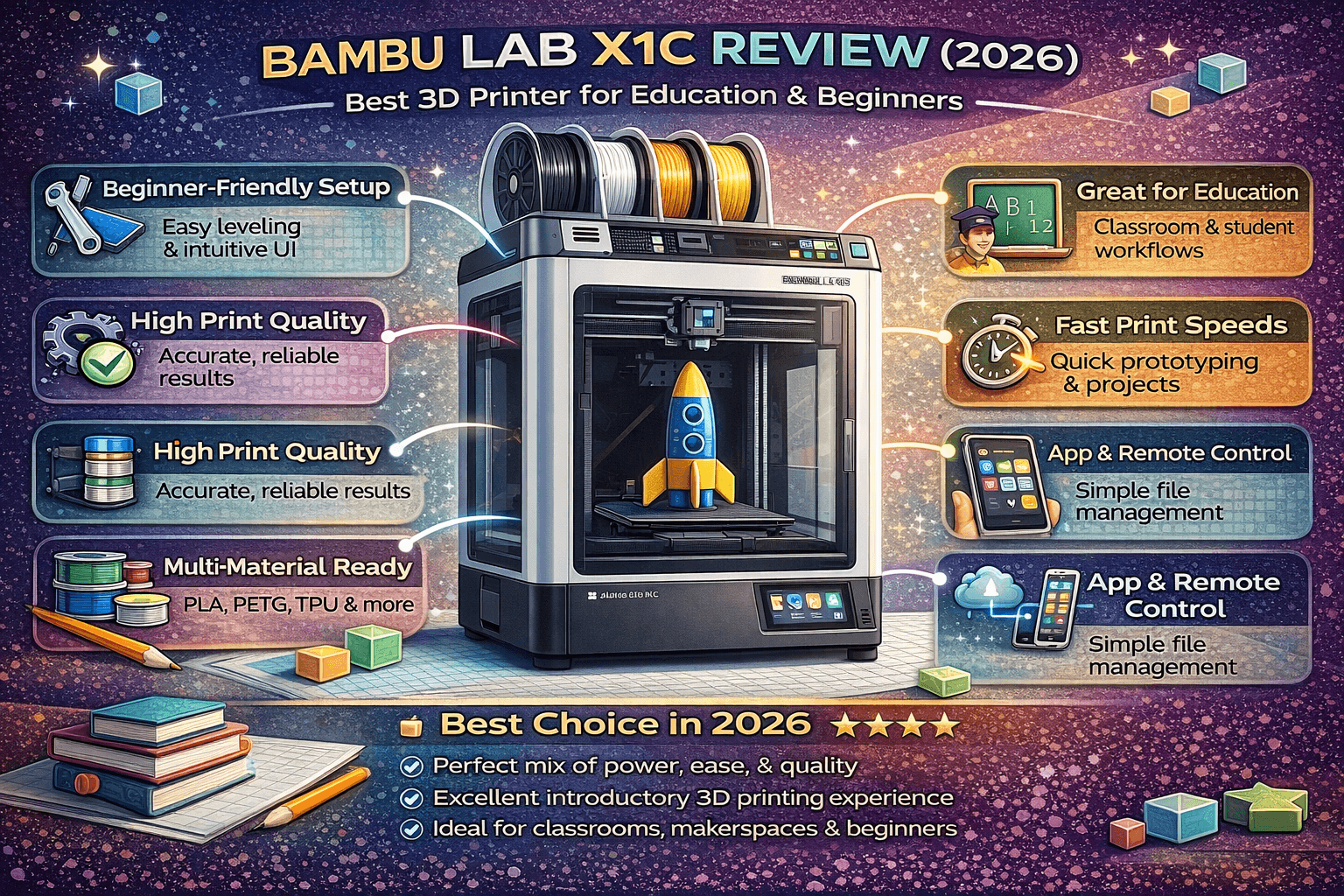 Infographic showing the Bambu Lab X1 Carbon (X1C) 3D printer with education-focused features like easy setup, classroom-ready tools, high quality prints, fast speed, intelligent sensors, multi-material support, and remote app control.