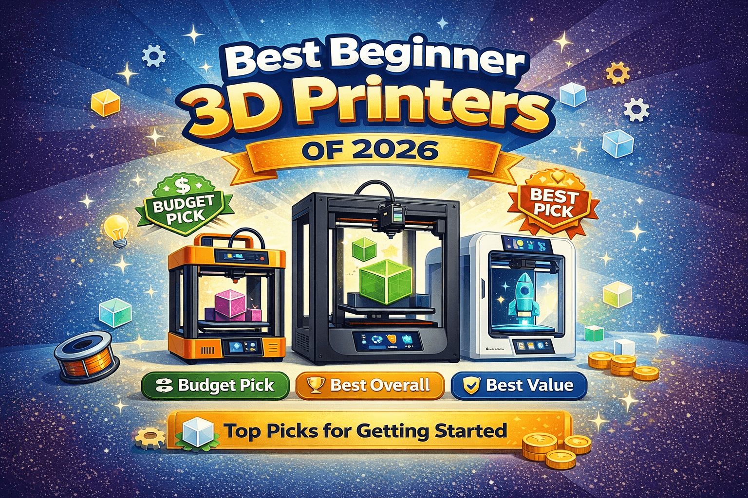 Best beginner 3D printers of 2026 infographic featuring top budget, best overall, and best value FDM 3D printer recommendations.
