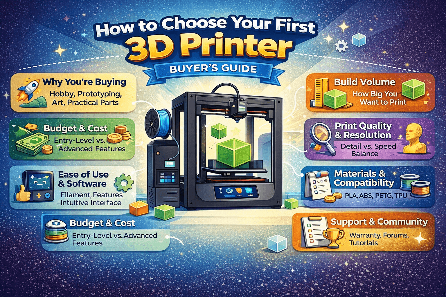 Landscape infographic titled “How to Choose Your First 3D Printer – Buyer’s Guide” showing key factors like budget, build volume, print quality, materials, ease of use, and community support.