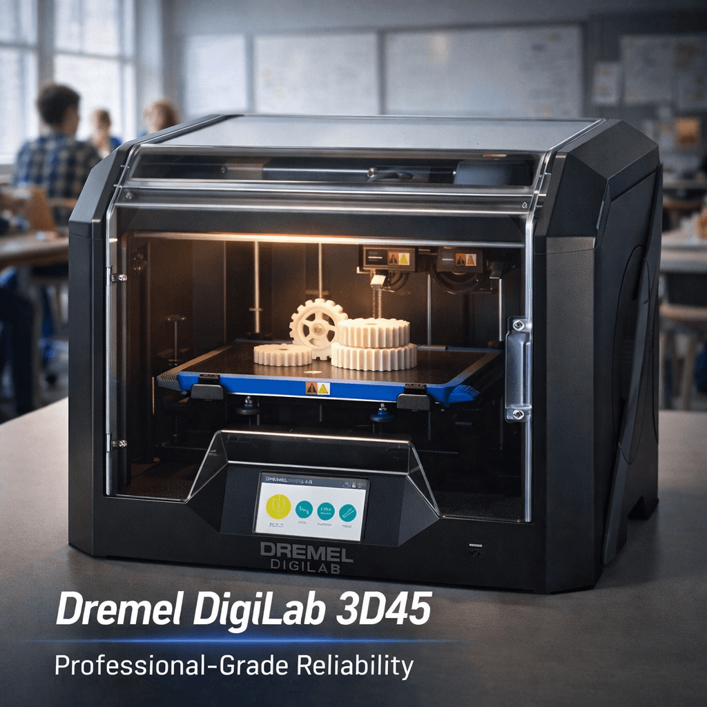 Dremel DigiLab 3D45 enclosed 3D printer printing white gears in a classroom environment highlighting professional-grade reliability for education.