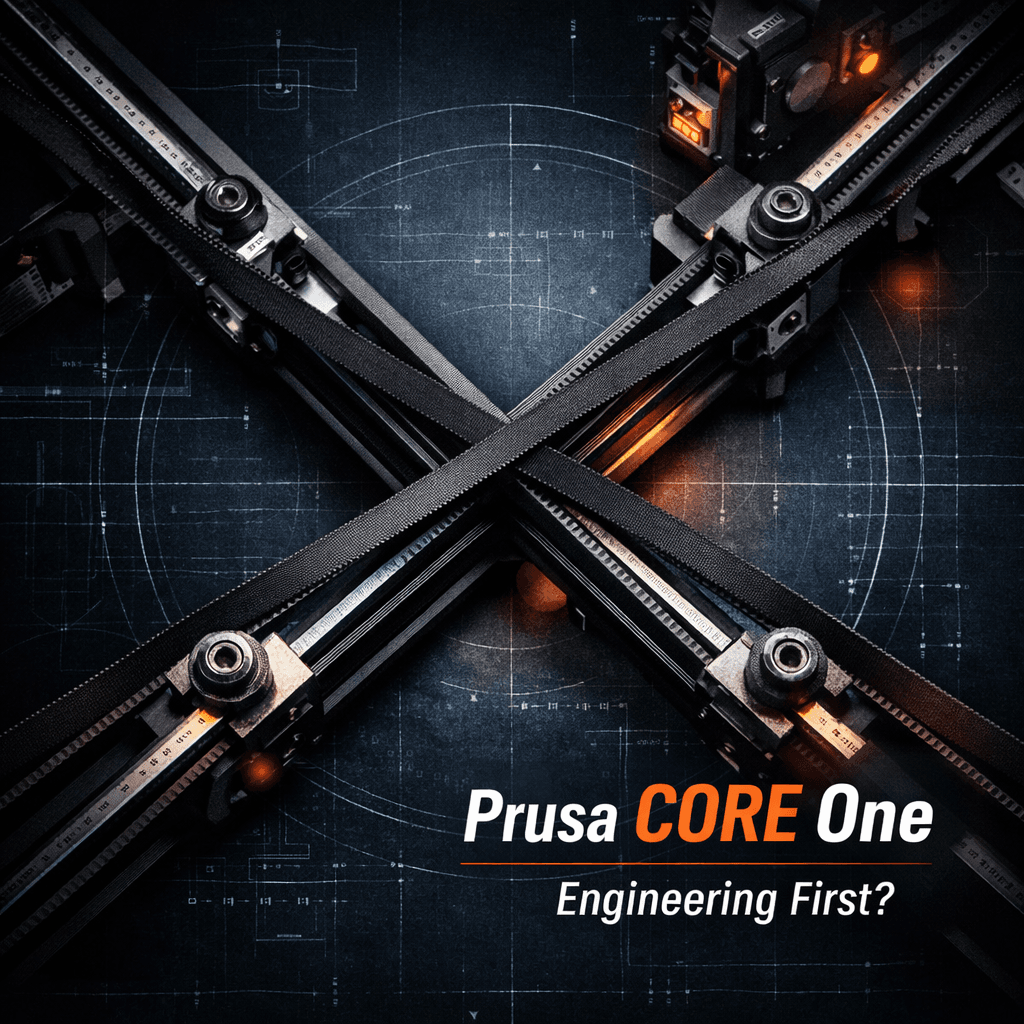 Close-up of the Prusa CORE One CoreXY belt system forming an X shape over a blueprint-style background, highlighting precision motion architecture and engineering design.