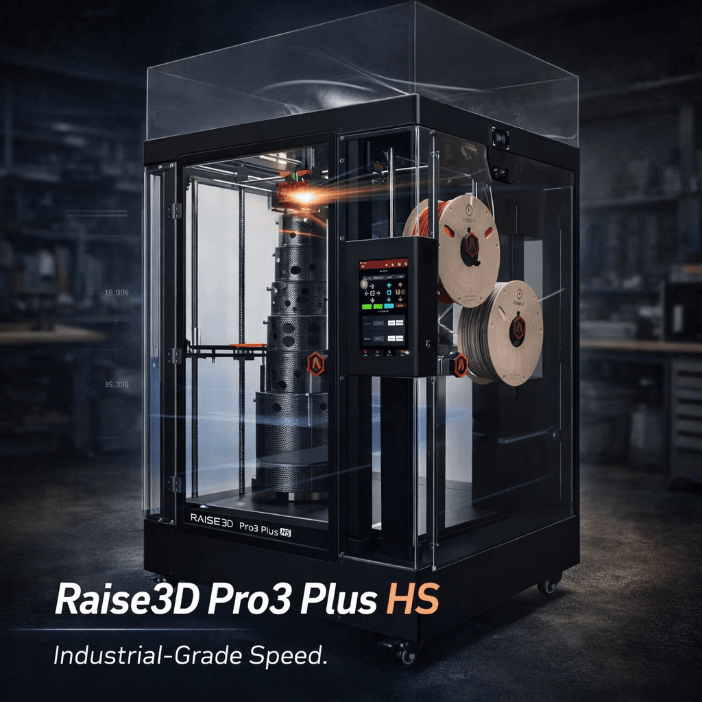 Raise3D Pro3 Plus HS high-speed industrial 3D printer highlighting enclosed chamber, dual extrusion system, and large build volume.