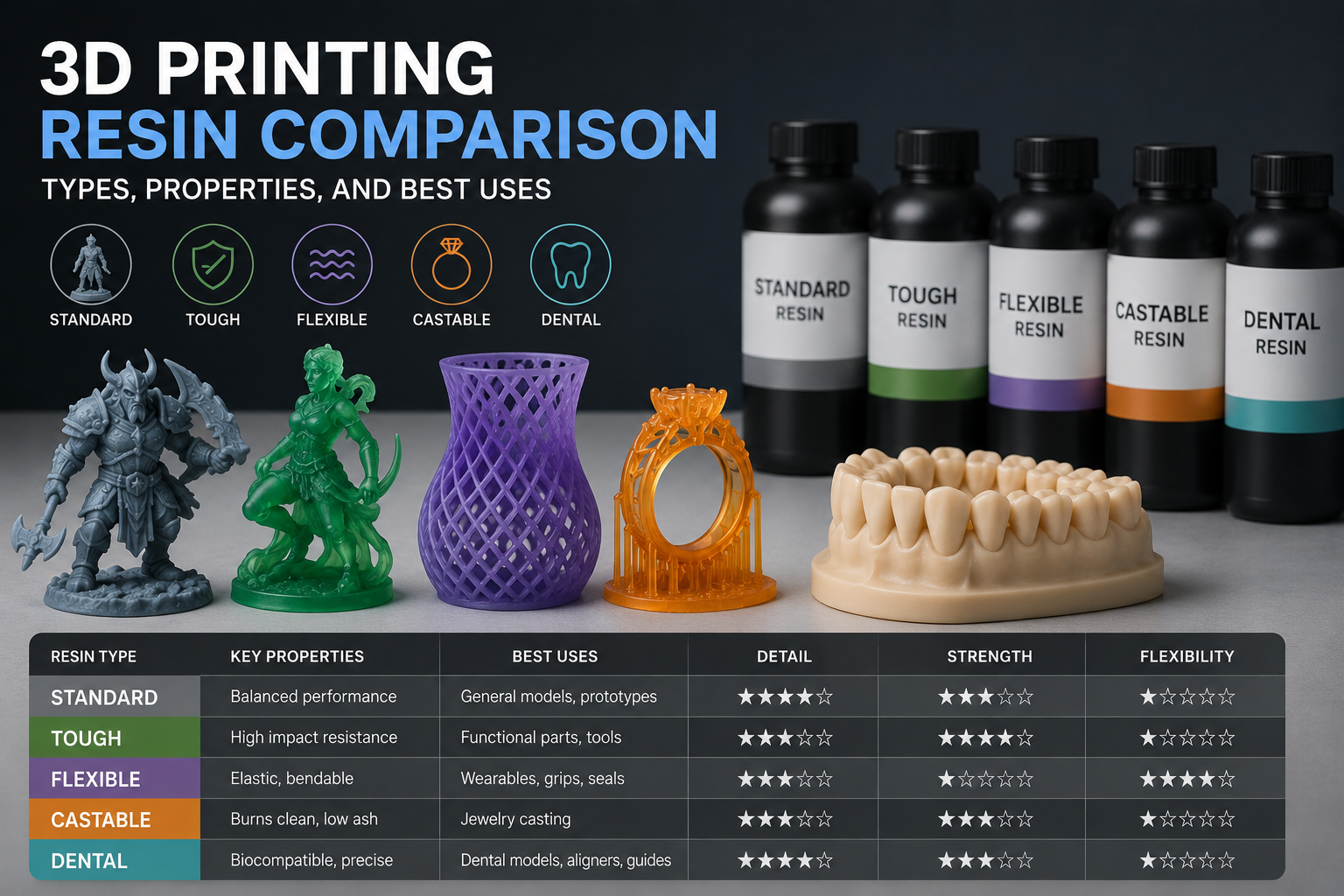 3D Printing Resin Comparison — Types, Properties & Buying Guide